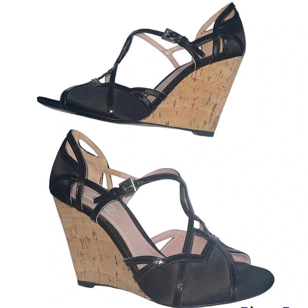 PRADA Black Satin Concho Wedges Sandals Size 5.5 - Picture 5 of 10